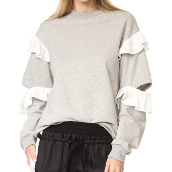 Clu Ruffle Sweatshirt Gray White Cutout Elbows Long Sleeve French Terry Size XS - Picture 1 of 12